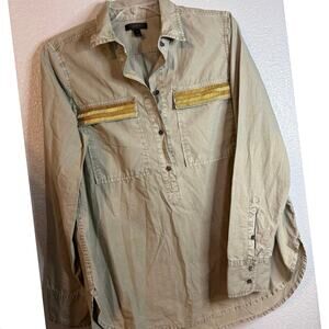 J.Crew Beaded Chevron Popover Shirt Army Green Top Women's Size 8